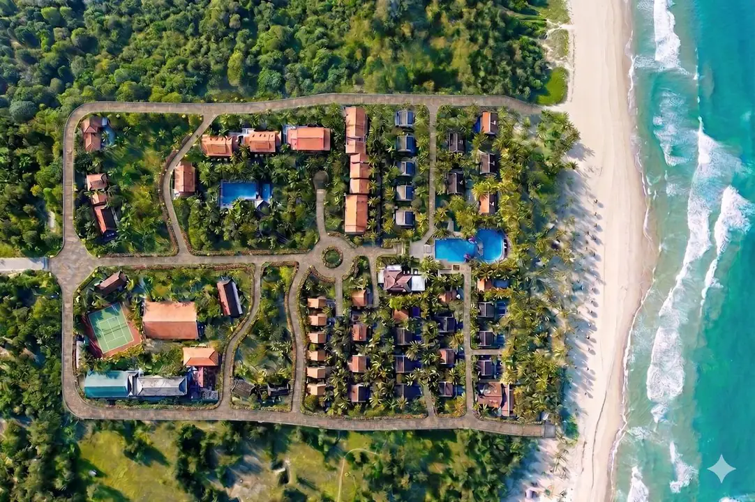 Aerial view of the grounds: tiled pavilions among gardens and pathways