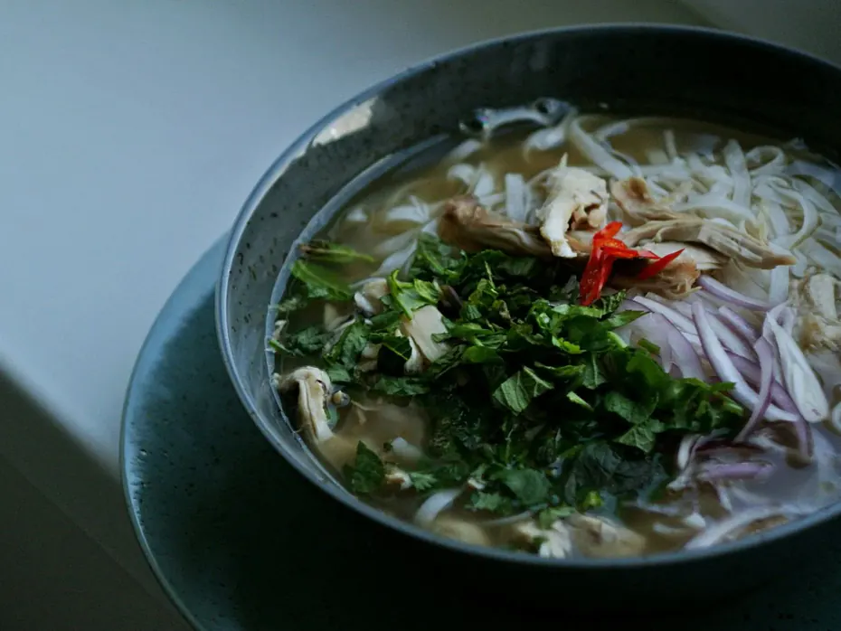 A bowl of phở with noodles, shredded chicken, red onion, herbs and chilli