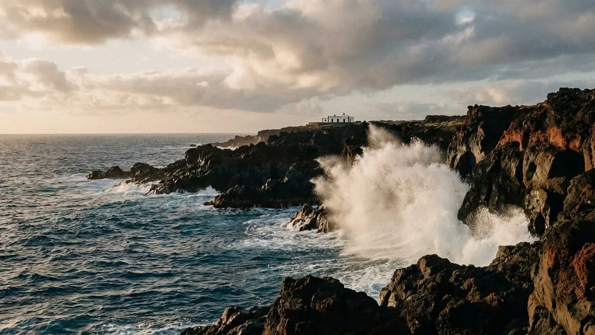 A wave bursting against the basalt coast of Los Hervideros in low evening light