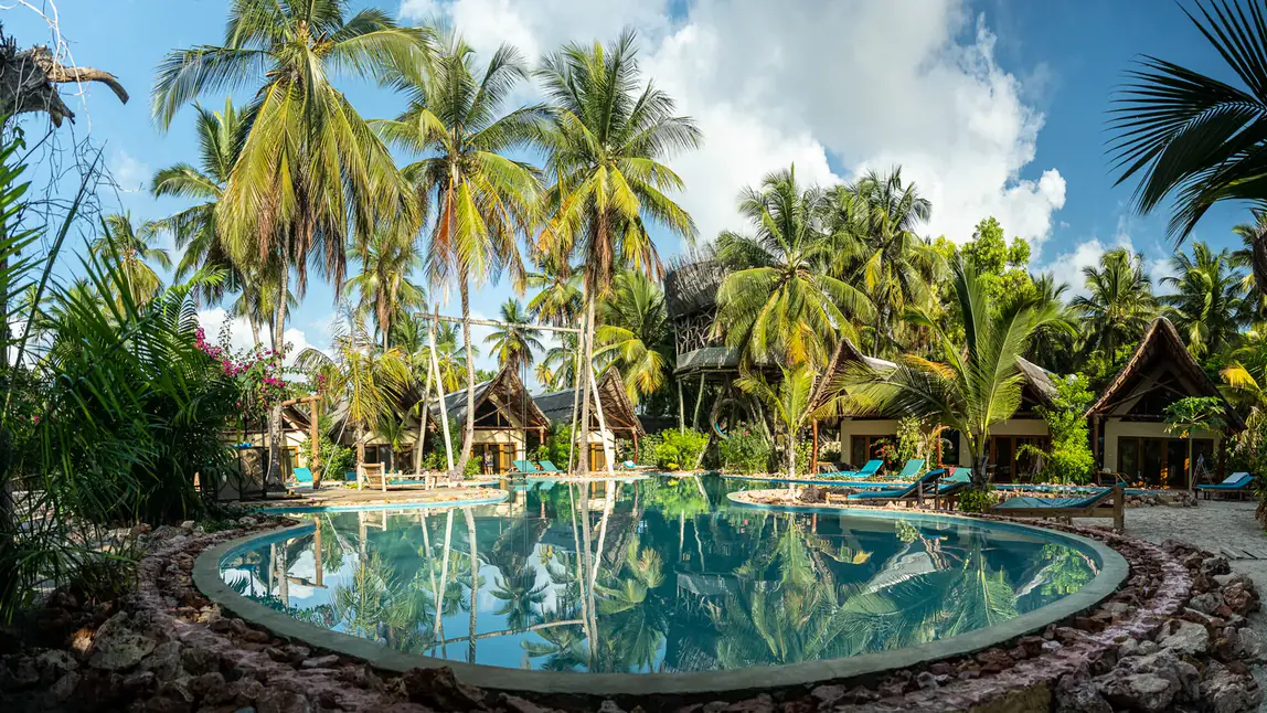 The free-form pool at The Nest at ground level, palms mirrored in the water