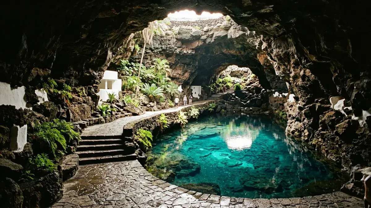The inner lake of Jameos del Agua, turquoise and clear beneath the lava vault