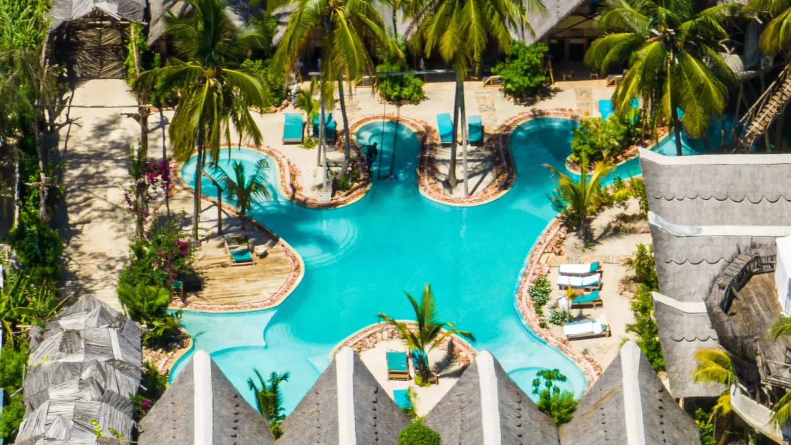 Vista cenital de la piscina del Nest entre los tejados de paja y los cocoteros