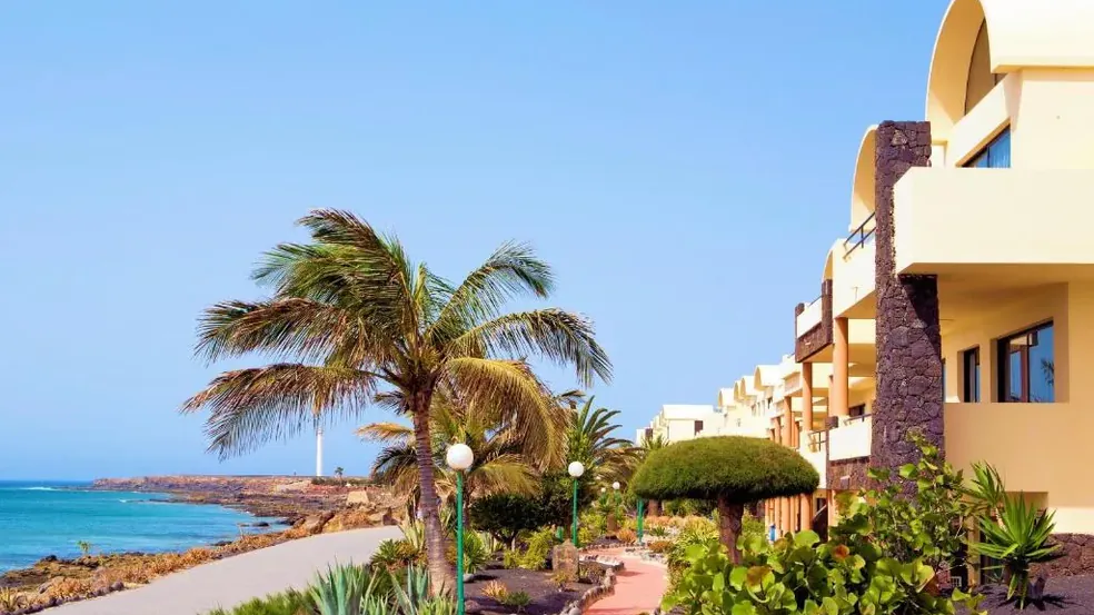 The resort among palms, with the sea line beyond