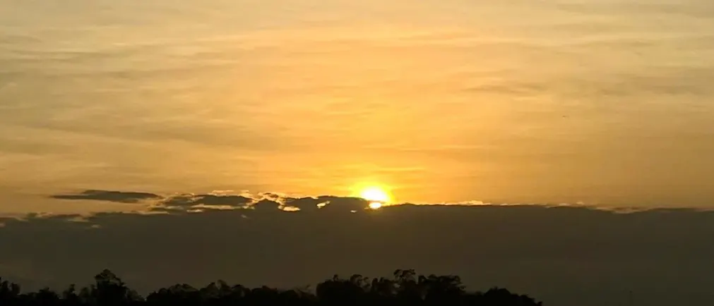 The river backlit, its wooded bank cut out against an orange sky